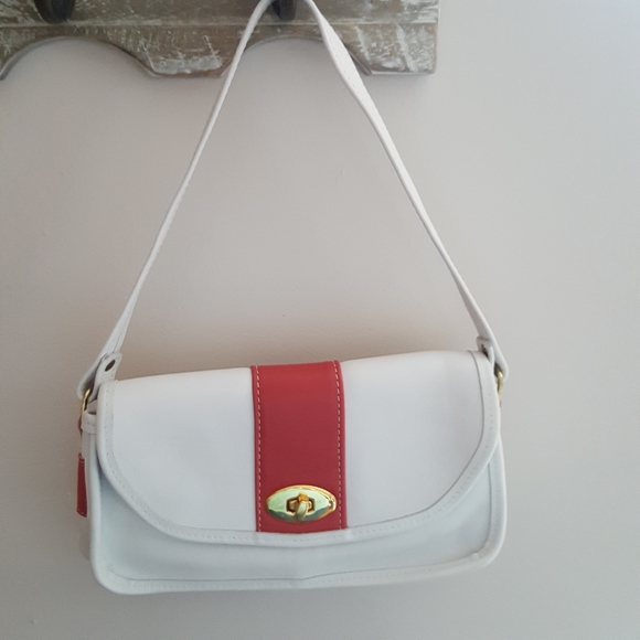 White Italian Leather Shoulder Bag with Red Accents and Gold Hardware - Picture 1 of 11
